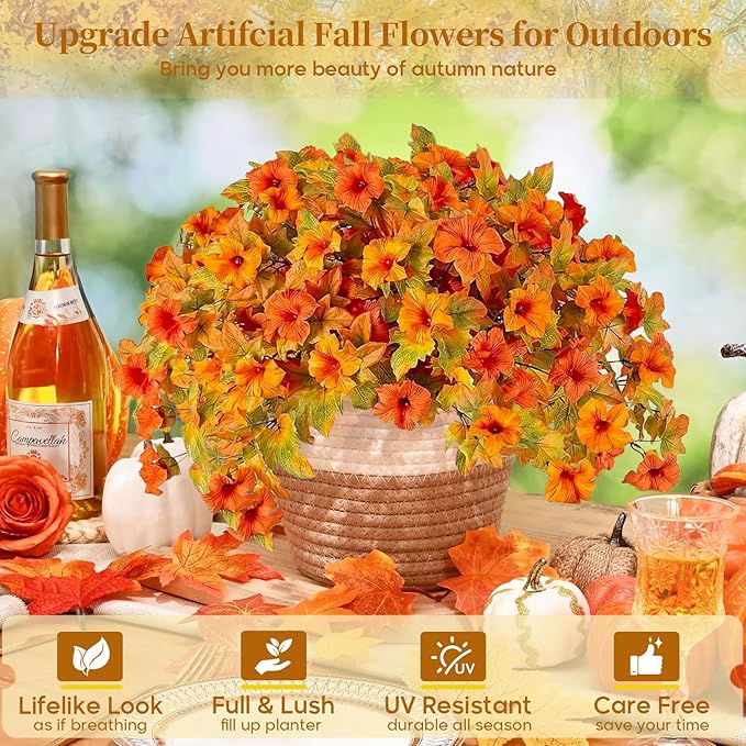 4 Pcs Artificial Fall Fake Flowers Plants for Outdoor Decoration,No Fade Faux Petunias,UV Resistant Realistic Autumn Silk Flowers,for Home Garden Balcony Yard Porch Deco (Orange Yellow)