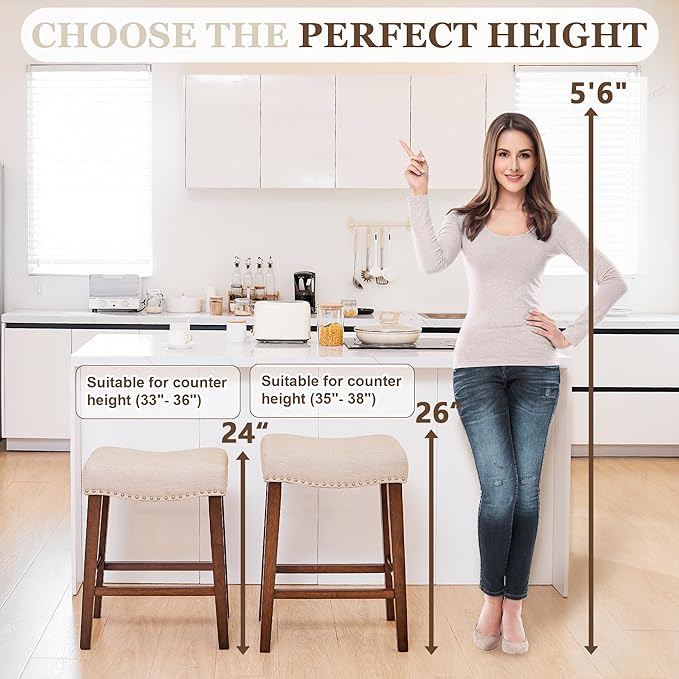 PrimeZone Counter Height Bar Stools Set of 6 - Backless Saddle Barstools with 4.3" Thick Upholstered, Nailhead Trim Linen Fabric & Solid Wood Legs, 26 Inch Counter Stools for Kitchen Island, Beige