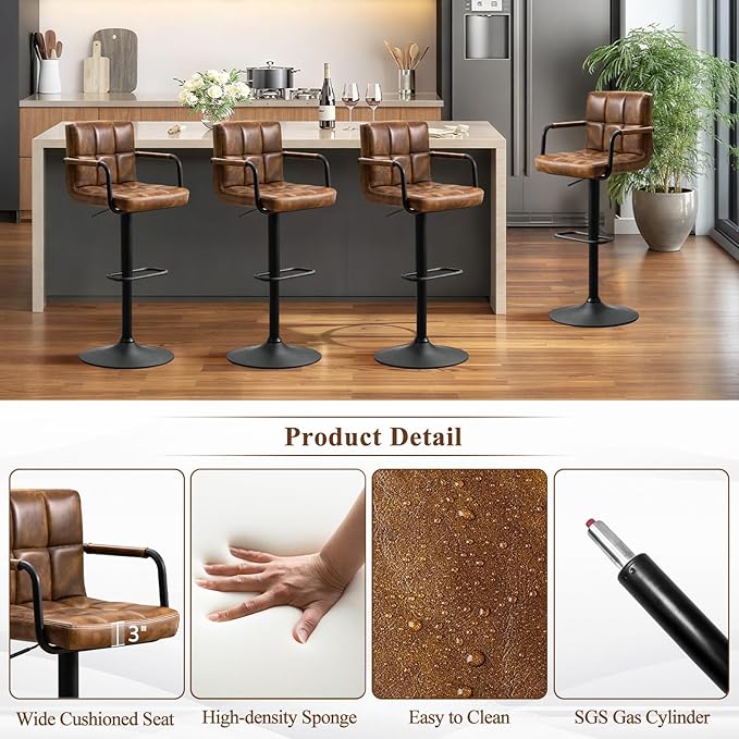 Furniliving Swivel Bar Stools Set of 4, Adjustable Kitchen Counter Height BarStools with Arms, PU Leather Upholstered Bar Chair with Back and Footrest for Dining Room, Kitchen, Pub, Bar (Yellowbrown)