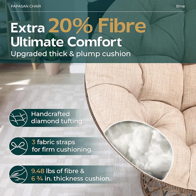 Bme 40" Ergonomic Wicker Papasan Chair with Soft Thick Cushion & Frame, 360° Swivel, Circle, Reading, Comfy Chair for Living Room, Bedroom