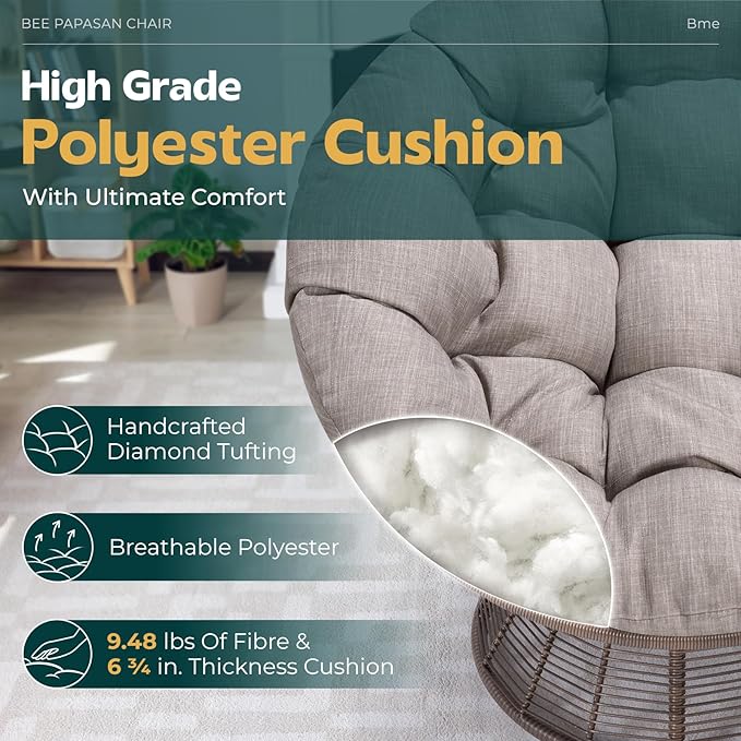 Bme 40" Ergonomic Wicker Papasan Chair with Soft Thick Density Fabric Cushion, Bee-Designed Base, High Capacity Steel Frame, 360 Degree Swivel for Living, Bedroom, Reading Room,...