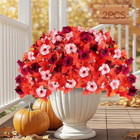 Artificial Fall Fake Flowers Plants for Outdoor Decoration,2 Pcs No Fade Faux Petunias,UV Resistant Realistic Autumn Silk Flowers,for Home Garden Balcony Yard Porch Deco (Dark Red)