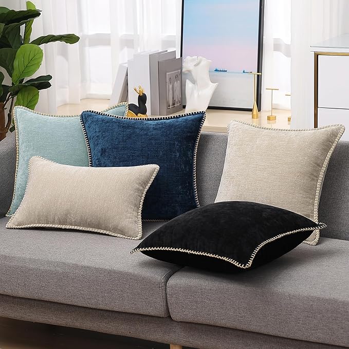 decorUhome Chenille Soft Throw Pillow Covers 12x20 Set of 2, Lumbar Velvet Farmhouse Neutral Decorative Euro Pillow Covers with Stitched Edge for Couch Sofa Bed Home Decor, Poseidon