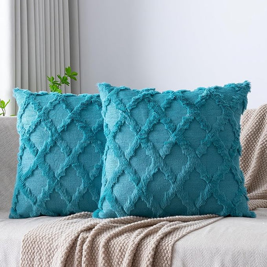 Set of 2 Soft Moroccan Throw Pillow Covers 18x18 Inch Plush Boho Decorative Pillow Cover Accent Cushion Case for Couch Sofa Bed, Teal