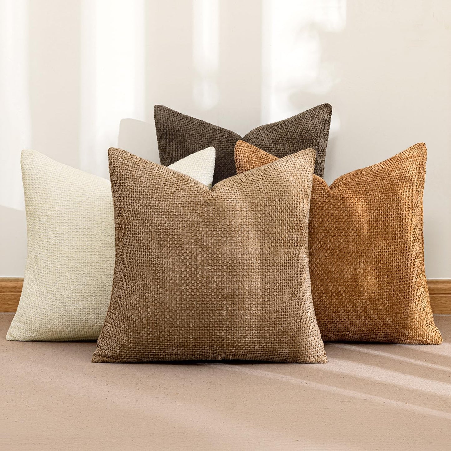 MIULEE Pack of 4 Brown Couch Throw Pillow Covers 20x20 Inch Soft Fall Decorative Chenille Pillows Farmhouse Accent Cushions for Boho Home Decor Spring Sofa Bedroom Living Room