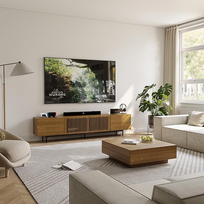 POVISON Full Assembled Mid-Century Modern TV Stand with Slatted Doors, Wood Media Console for 80 85+ Inch TV, TV Console with Tall-cast Metal Legs, Entertainment Center with Storage for Living Room