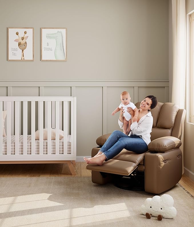 27" Oversized Power Recliner Chair, Faux Leather Rocking Chair with Heat & Massage, 360° Swivel Modern Electric Recliner with Cup Holder ＆ USB Charging for Living Room, Bedroom, Nursery - Khaki