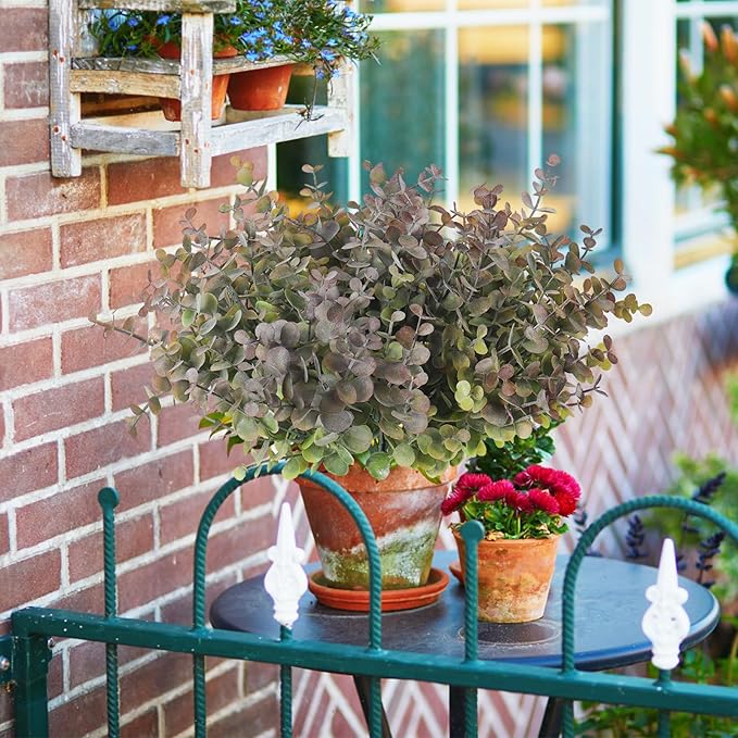 RECUTMS 12 Bundles Fake Bushes Artificial Plants Outdoor Faux Plant Eucalyptus Stems Fake Porch Plants for Farmhouse Bathroom Office Vase Centerpiece Indoor Outdoor Decor(Dusty Purple)