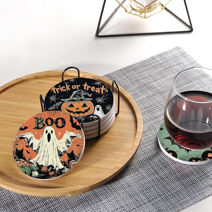 Halloween Drink Absorbent Coasters with Holder Set of 6, Ceramic Stone with Cork Base, Vintage Pumpkin Coaster for Drinks, Gift for Housewarming Room Bar Home Decor Kitchen