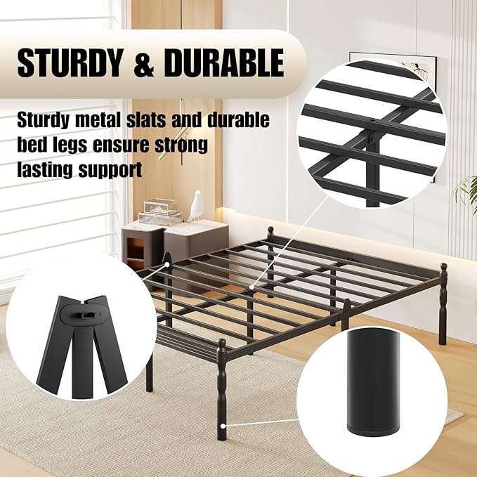 18 Inch Queen Metal Bed Frame with Mattress Slide Stopper, Queen Size Platform Bed Frames No Box Spring Needed, Heavy Duty Bedframe, Easy Assembly, Noise Free