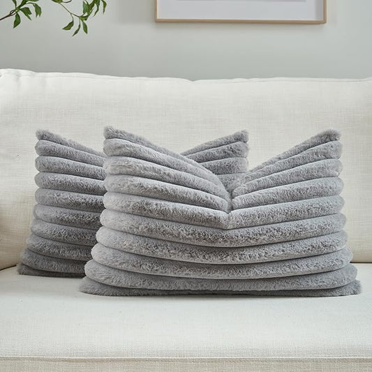 FUTEI Grey Striped Decorative Throw Pillow Covers 12x20 Inch Set of 2,Rectangle Fall Decorations Couch Lumbar Pillowcase,Soft Cozy Faux Rabbit Fur & Velvet Back,Modern Home Decor for Bed