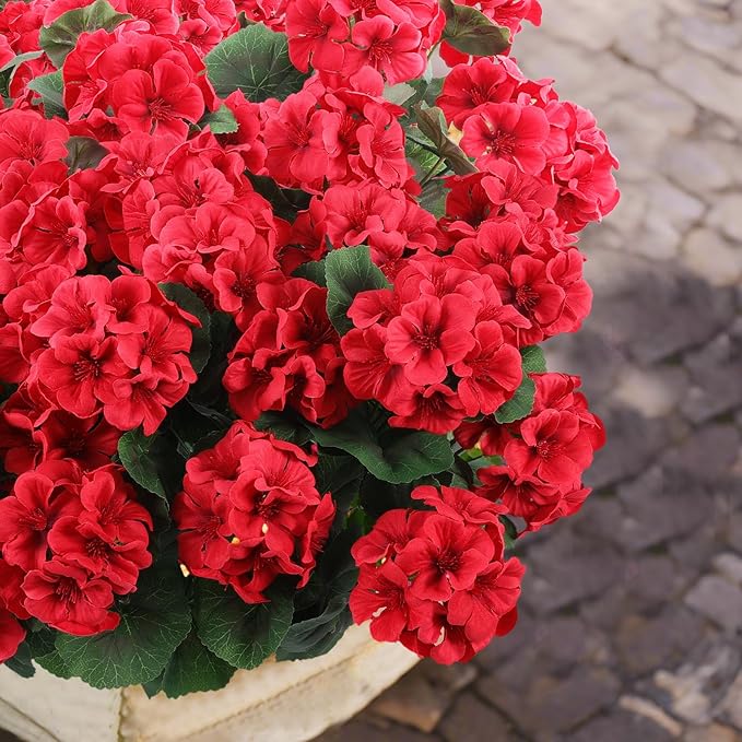 Hananona 12 Bundles Artificial Geranium Flowers for Outdoors Silk Geranium Flowers Outdoor UV Resistant Garden Plants Faux Flower for Home Kitchen Table Centerpieces Decor (12, Red)