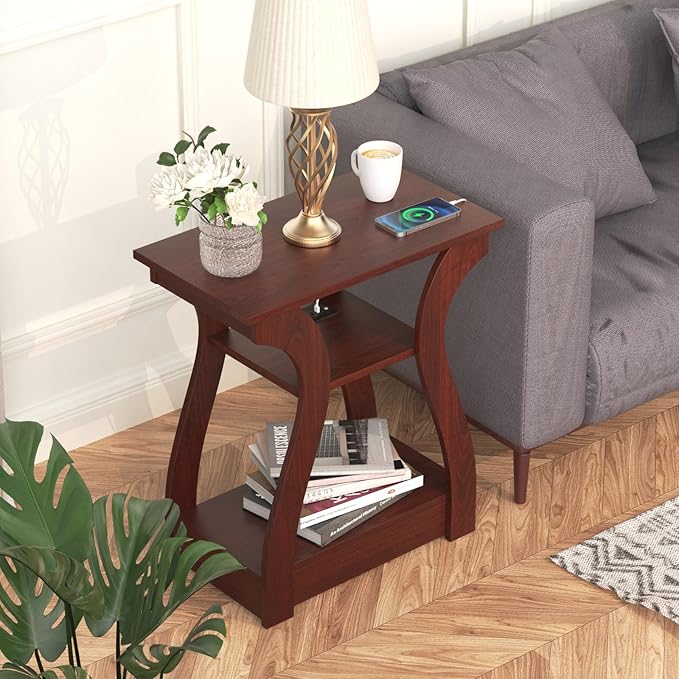 End Tables Living Room, Cherry End Table with Charging Station, Nightstand for Bedroom, 3 Tier End Table with Storage Shelf for Living Room(Cherry)