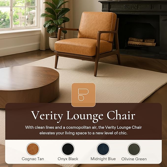 POLY & BARK Verity Leather Accent Chair – Armchair with Walnut Wood Frame – Fashion-Forward Lounge Seating for Living Room – Upholstered in Cognac Tan Leather for Modern Style