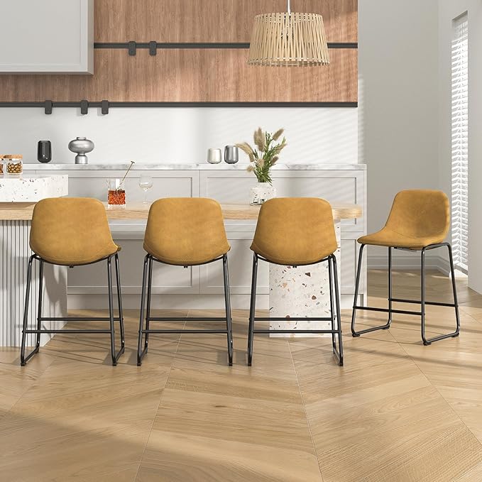 Rfiver Pu Faux Leather Bar Stools Set of 2, Industrial Pub Barstools with Back and Footrest, Modern Armless Bar Height Stool Chairs (Yellow, 24" Counter Chair x3)