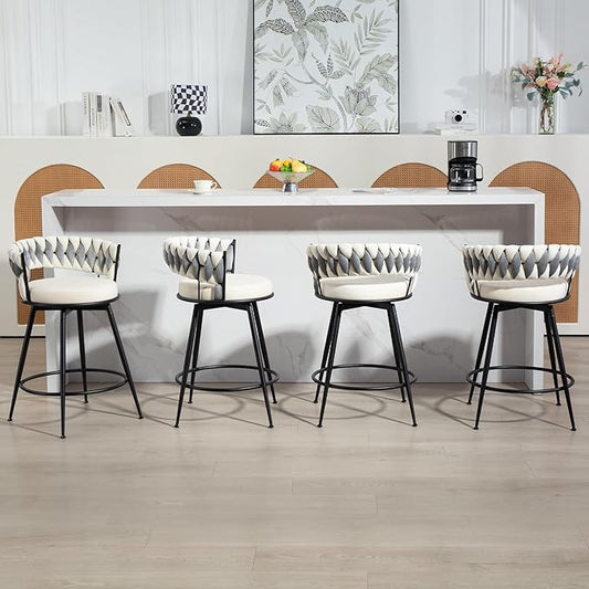 Swivel Bar Stools Set of 4, 24 Inches Modern Counter Height Bar Stools with Woven Back, White Upholstered Suede Tall Barstools for Kitchen Island, Cafe