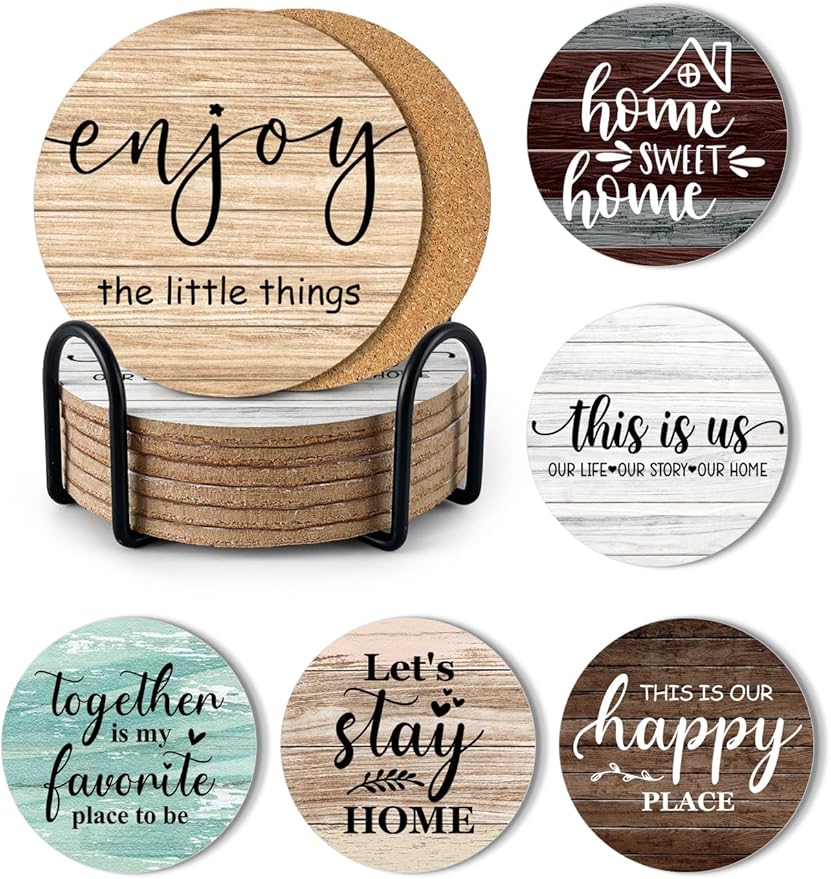 Funny Home Sweet Home Coasters for Drinks - Farmhouse Coffee Bar Coasters Set of 6 with Holder, Home Kitchen Decor Accessories, House Warming Gifts for Woman Coffee Lovers