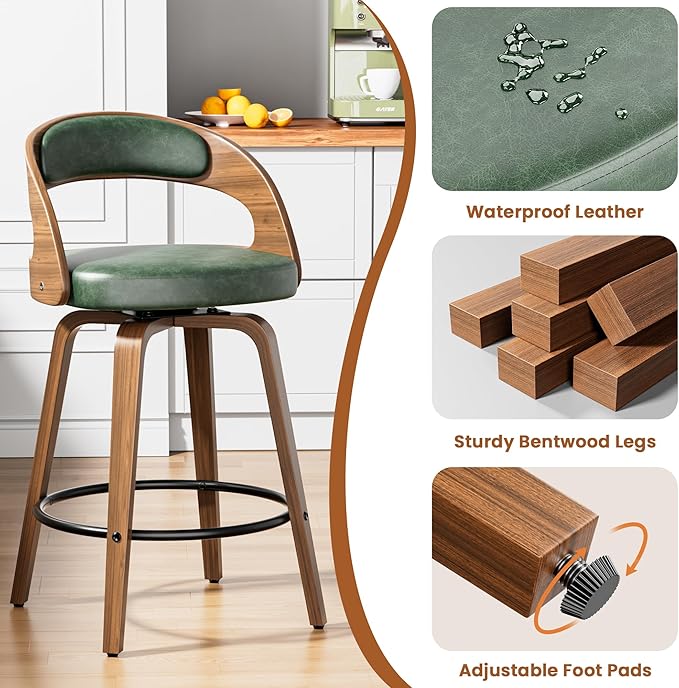 Swivel Bar Stools Set of 3, 26" Upholstered Faux Leather Barstools with Bentwood Legs, Mid Century Modern Counter Height Bar Stools with Back for Kitchen Island, Dining Room, Green