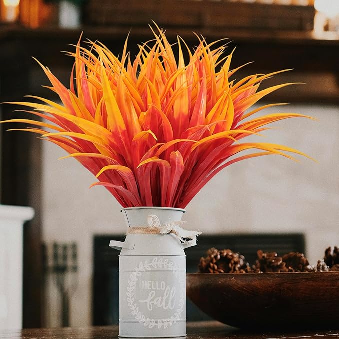8 pcs Fall Artificial Flowers for Decoration, Fake Artificial Tall Grass Plants for Outdoors, Orange Faux Tropical Greenery Autumn Front Porch Patio Garden Outside Plastic Shrubs Bushes