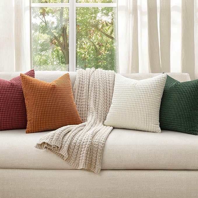 MIULEE Modern Farmhouse Decorative Pillow Covers 18x18 Inch Set of 4 Natural Rustic Throw Pillows Neutral Warm Soft Corduroy Couch Pillowcases Home Decor for Sofa Living Room Bed Christmas Red