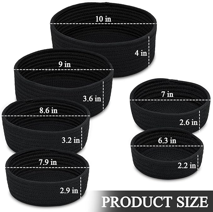 Small Shelf Storage Baskets for Organizing, 6 Pack Round Cotton Rope Bins, Decorative and Cute Woven Baskets for Bedroom and Closet, Key Tray Bowl, Home Decor Countertop Organizer (Black)
