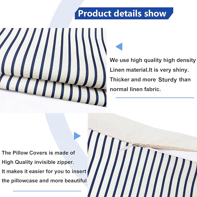 Decorative Throw Pillow Covers Set of 2 Blue Striped Pillow Covers 20x20 Inch Throw Pillow Cover Linen Pillowcase Modern Farmhouse Outdoor Pillow Covers for Couch Sofa Bed Living Room