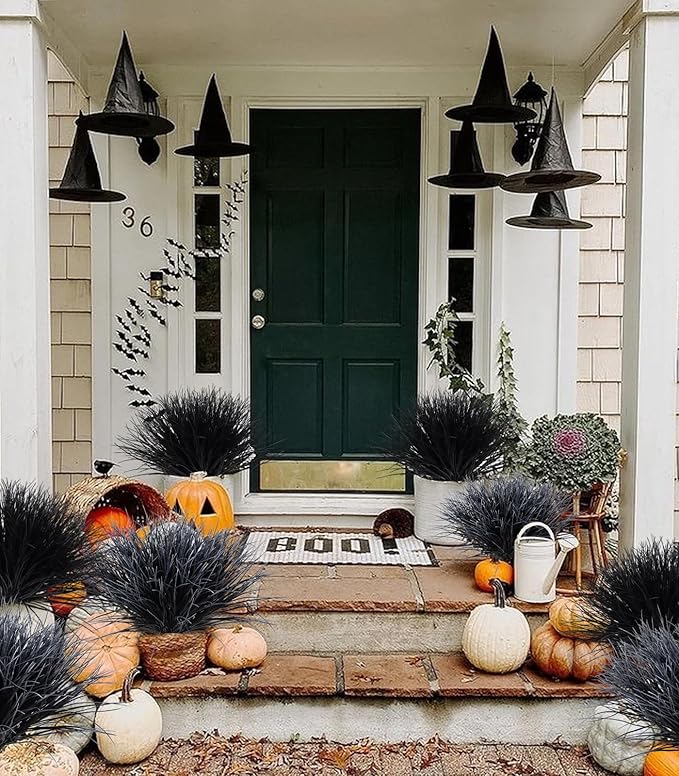 Fake Black Plants,Artificial Grass Fake Plants Outdoor Plants UV Resistant Black Greenery Stems Fake Grass Halloween Plants for Window Garden Patio Pathway Front Porch Halloween Décor 12Pcs(Black)