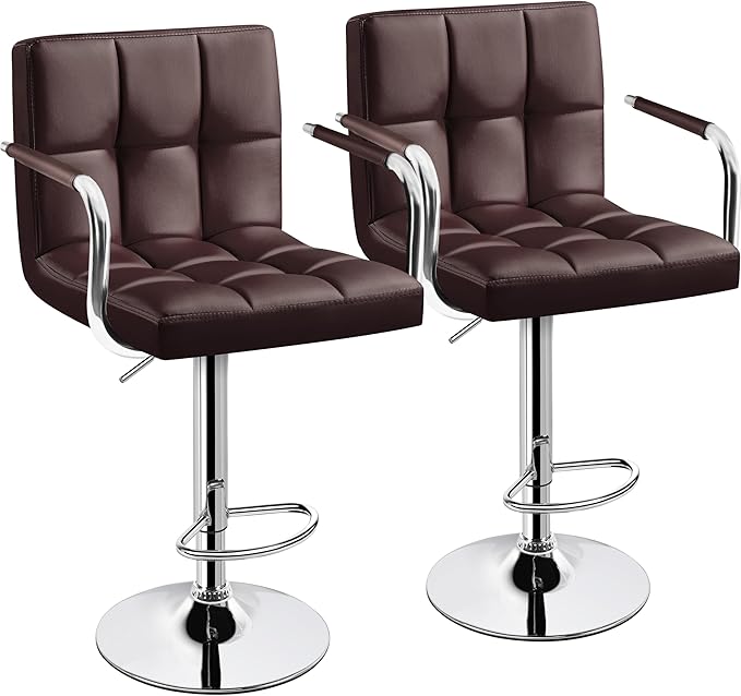 Yaheetech Bar Stools Set of 2, Adjustable PU Leather Swivel Barstools, Modern Counter Stools with Back and Footrest, Counter Height Barstools for Bar, Kitchen, Dining Room, Brown