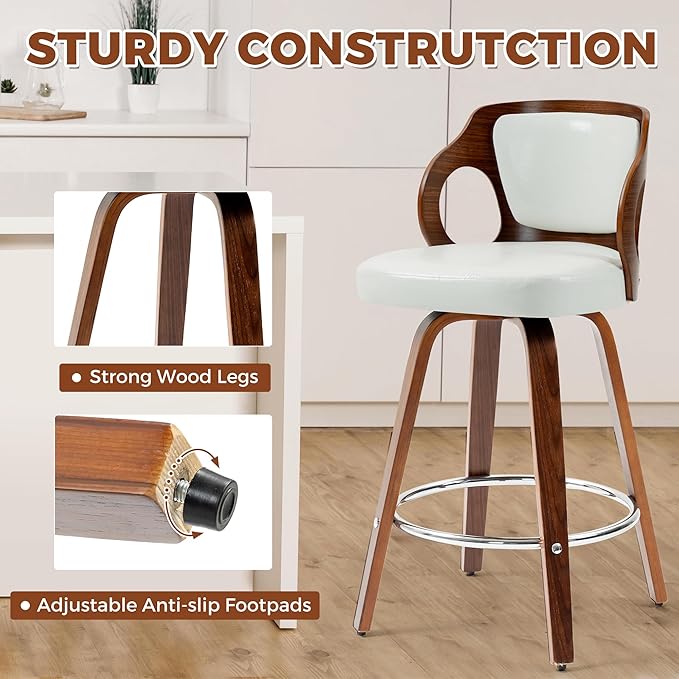 ECOTOUGE Swivel Bar Stools Set of 4, Walnut Faux Leather Counter Height Barstools with Bentwood Back and Footrest, for Dining Room, Kitchen Island and Pub, White