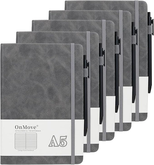 Notebooks Journal for Women Men 5 Pack Bulk Leather Hardcover with Pen Holder A5 160 Pages 100 GSM Thick Paper for Work School Lined Gray