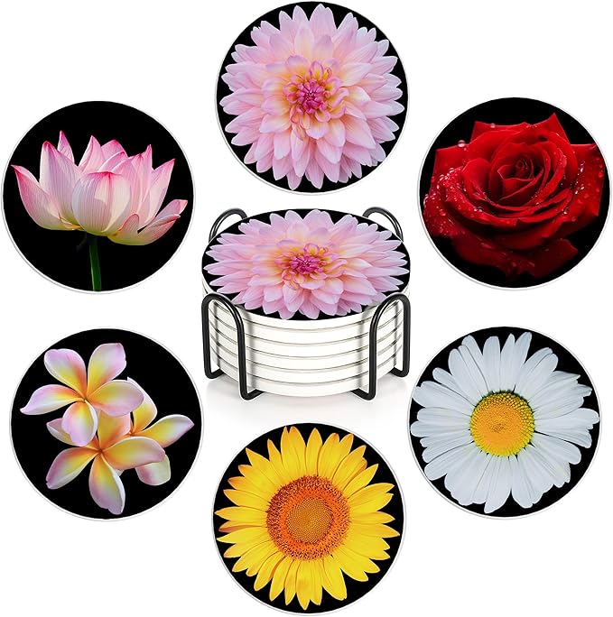 Drink Coasters Set of 6 with Holder, Sunflower Rose Flower Absorbent Ceramic Coasters with Cork Base,Fit All Cups,Great Gift for Housewarming,Room Decor,Bar,Holiday Party