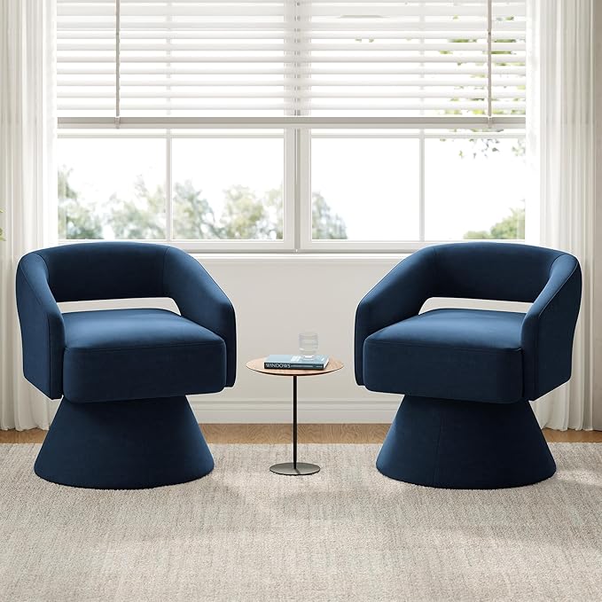 LINSY Swivel Barrel Chair, 360° Modern Swivel Accent Chair with Arms, Boucle Swivel Chair Blue Velvet Chairs for Bedroom Living Room Small Spaces