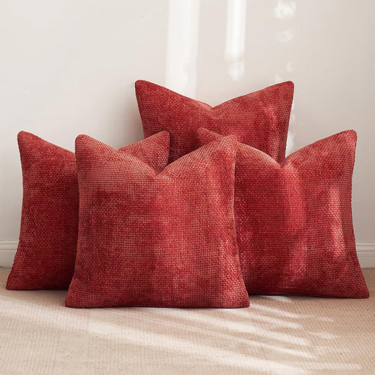 MIULEE Christmas Red Pack of 4 Couch Throw Pillow Covers 18x18 Inch Soft Decorative Chenille Pillow Covers Farmhouse Accent Cushion Covers for Boho Home Decor Sofa Bedroom Living Room