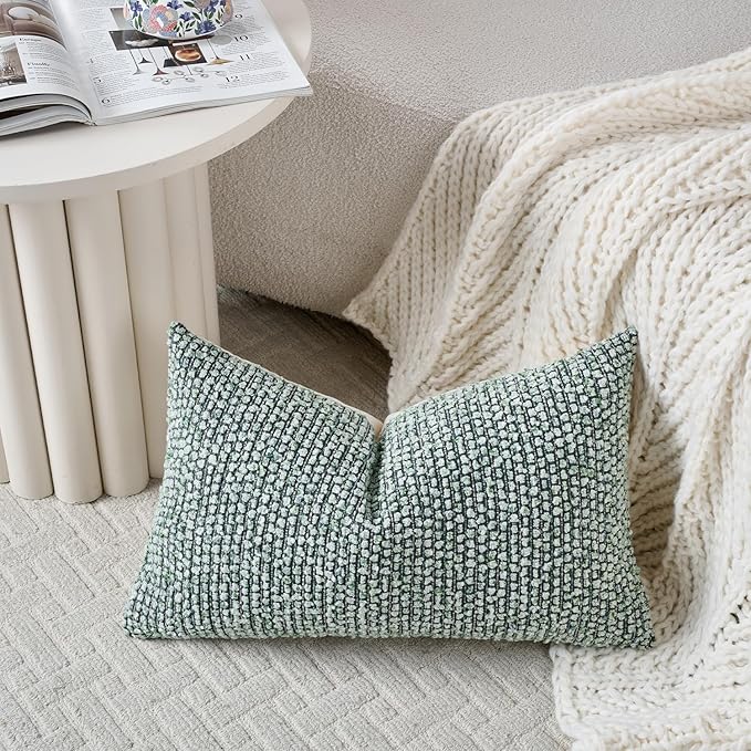 DEZENE Striped Throw Pillow Covers 12x20 Set of 2 Green Textured Polyester Chic Morden Boho Accent Farmhouse Rectangular Lumbar Decorative Couch Pillow Covers for Home Decor Bed Sofa Living Room
