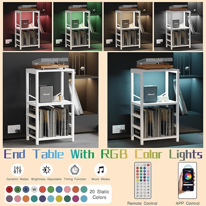End Table with LED Light,Record Player Stand with Albums Storage,Vinyl Records Storage,Turntable Stand Side Table for Music Room Studio Living Room Bedroom-Rustic White