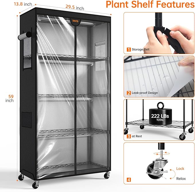 Bstrip Indoor Greenhouse with Grow Light, Plant Stand with 4 Pack 24W Full Spectrum Plant Lights , Plant Shelf with Tent for Indoor Plant, Seed Starting, Seed Tray, 29.5"x13.8"x59"
