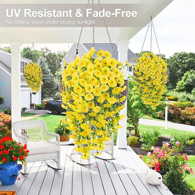 Artificial Flowers for Outdoors Decoration, 4Pcs Fake Hanging Flowers Morning Glory UV & Fading Resistant, Artificial Faux Plants Deocr for Home Porch Patio Balcony Planter Yard Garden Farmhouse
