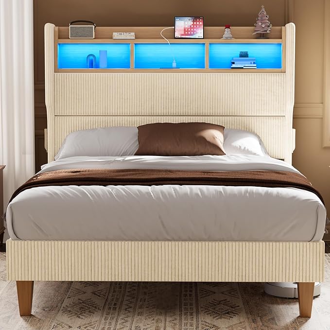 King Size Bed Frame with 51" Tall Corduroy Wingback Headboard and Storage Shelf, Upholstered Platform Bed with LED Lights & Charging Station, No Box Spring Needed, Easy Assembly, Cream