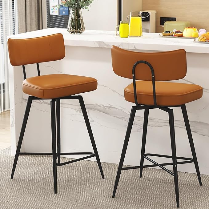 Swivel Counter Height Bar Stools Set of 2, 26" Leather Kitchen Swivel Counter Stools with Backs, Metal Legs and Footrest, Bar Chairs for Kitchen Island, Brown