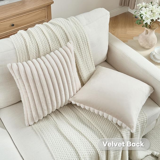 FUTEI Beige Striped Decorative Throw Pillow Covers 18x18 Inch Set of 2,Square Fall Decorations Couch Pillow Case,Soft Cozy Faux Rabbit Fur & Velvet Back,Modern Home Decor for Bed