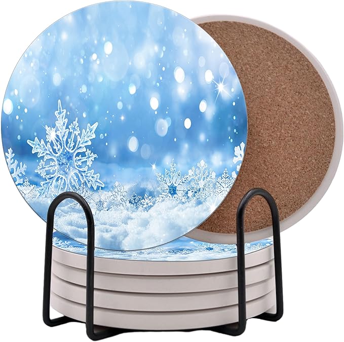 Winter Wintertime Snow Season Round Coasters Set of 6 - Abosrbent Ceramic Coasters with Metal Stand for Drinks, Coffee, Non-Slip Cork Back for Tabletop Protection, 4 Inches (Snowflakes)