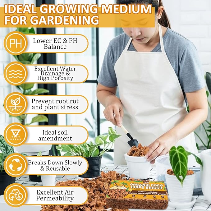 Legigo 2 Pack Coco Husk Chips- 2.2 LB 100% Organic Coconut Coir Chips Brick Potting Soil Mix with Low EC & PH Balance, Compressed Coconut Substrate Coco Chips Mulch Medium for Garden, Flowers, Plants