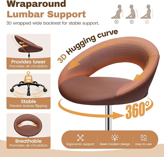 Drafting Chair with Back, Height Adjustable Rolling Stool with Foot Rest, Tall 360° Swivel Stool PU Leather Chair with Wheels for Home Office, Standing Desk, Brown