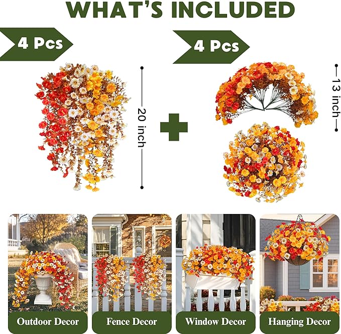 8PCS Artificial Fall Hanging Flowers for Outdoor, Fake Silk Petunias Plants, Fake Mums, Fall Outdoor Decoration, UV Resistant, Morning Glorias, for Home Garden Porch Decor (Early Harvest)
