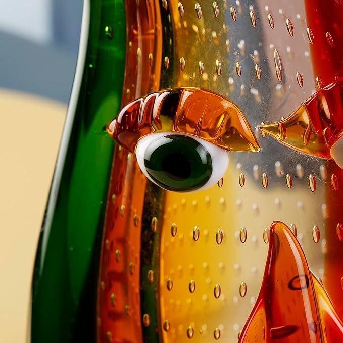 Yao Yuan Murano-Style Art Glass Vase with a Face - 12.6" Tall Mouth-Blown Artistic Sculpture with Vibrant Colors & Accents - Rich Colored Home Décor