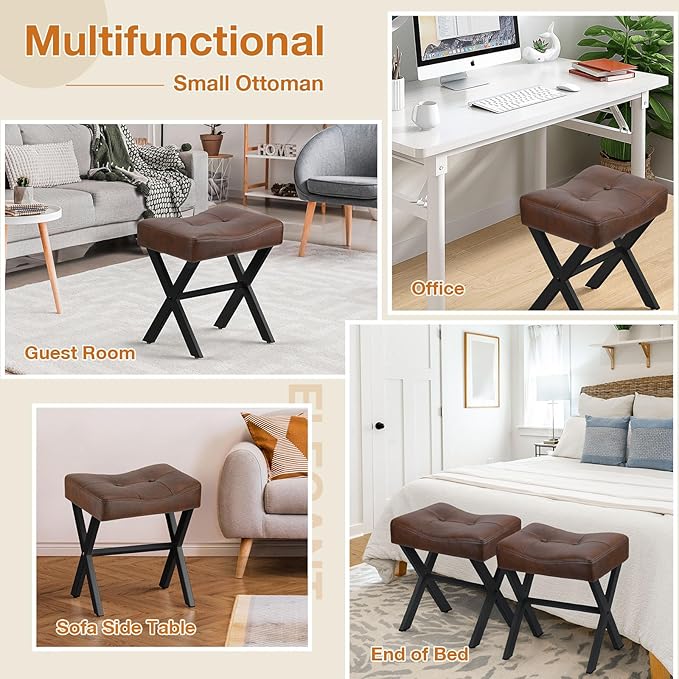 18-Inch Leather Vanity Stool Chair, Vanity Bench with Metal X-Leg, Ottoman Accent Stool with Thick Padded Saddle Seat, Dark Brown