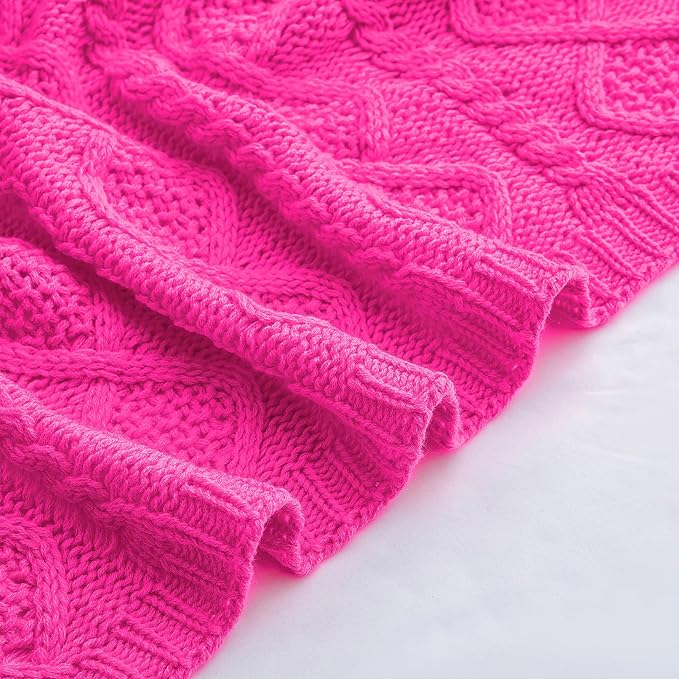 Homiest Hot Pink Cable Knit Throw Blanket Set of 3, 50"x60" Blanket & 2x18"x18" Pillow Covers, Soft & Cozy Acrylic Blanket for Couch, Bed, Sofa