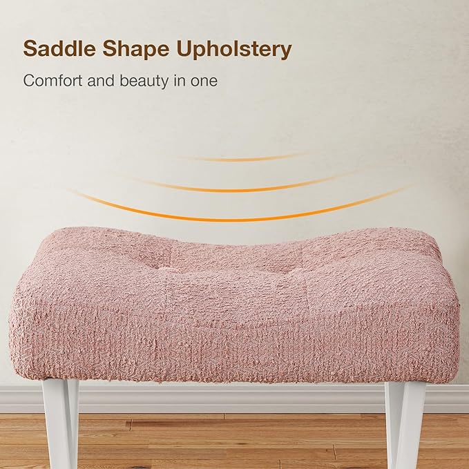 18-Inch Vanity Stool Chair, Vanity Bench with Metal X-Legs, Ottoman Accent Stool with Breathable and Soft Boucle Fabric Saddle Seat, Pink
