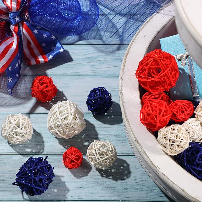 Patelai 36 Pcs Wicker Rattan Balls Decorative Balls for Vase Centerpiece Bowls Orbs Filler for Home Decor,4 Sizes(Royal Blue, White, Red)