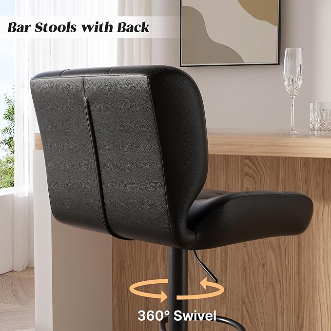 Modern Bar Stools Set of 4, Faux Leather Upholstered Swivel Bar Stools, Adjustable Counter Height Bar Chairs with High Back and Footrest for Kitchen Island (Black)